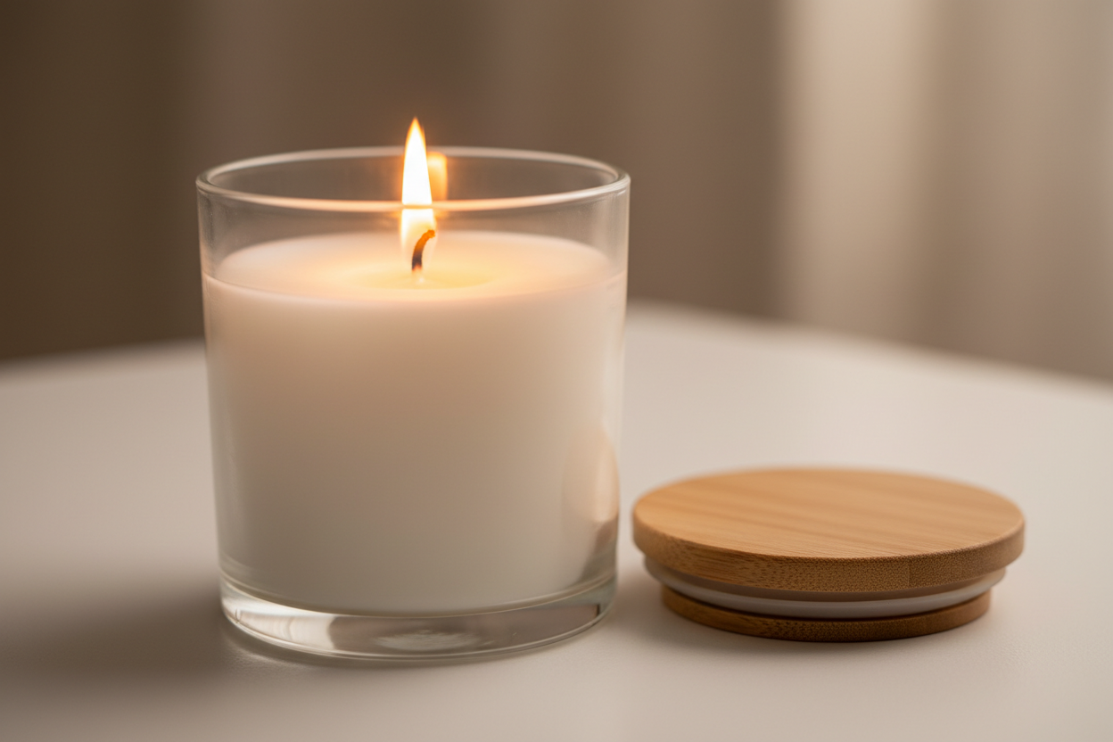 candela in vaso aperta e con fiamma e coperchio appoggiato di fianco